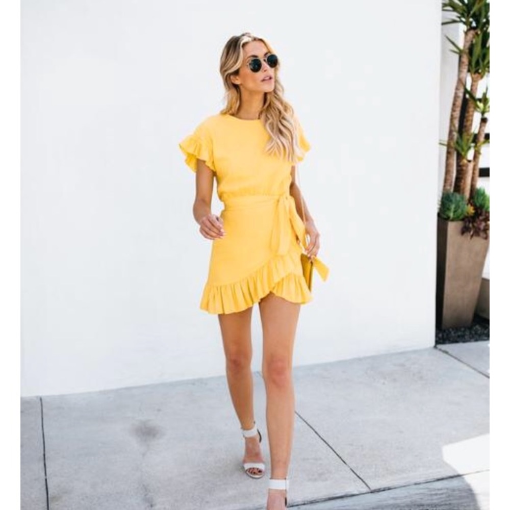 Yellow Wrap Ruffle Dress